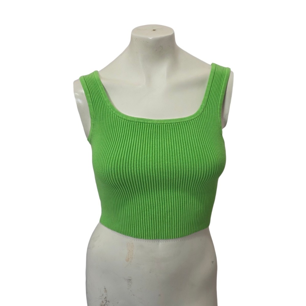 GB Green Rib Knit Crop Tank Top Women's M Square Neck Sleeveless Stretch Y2K